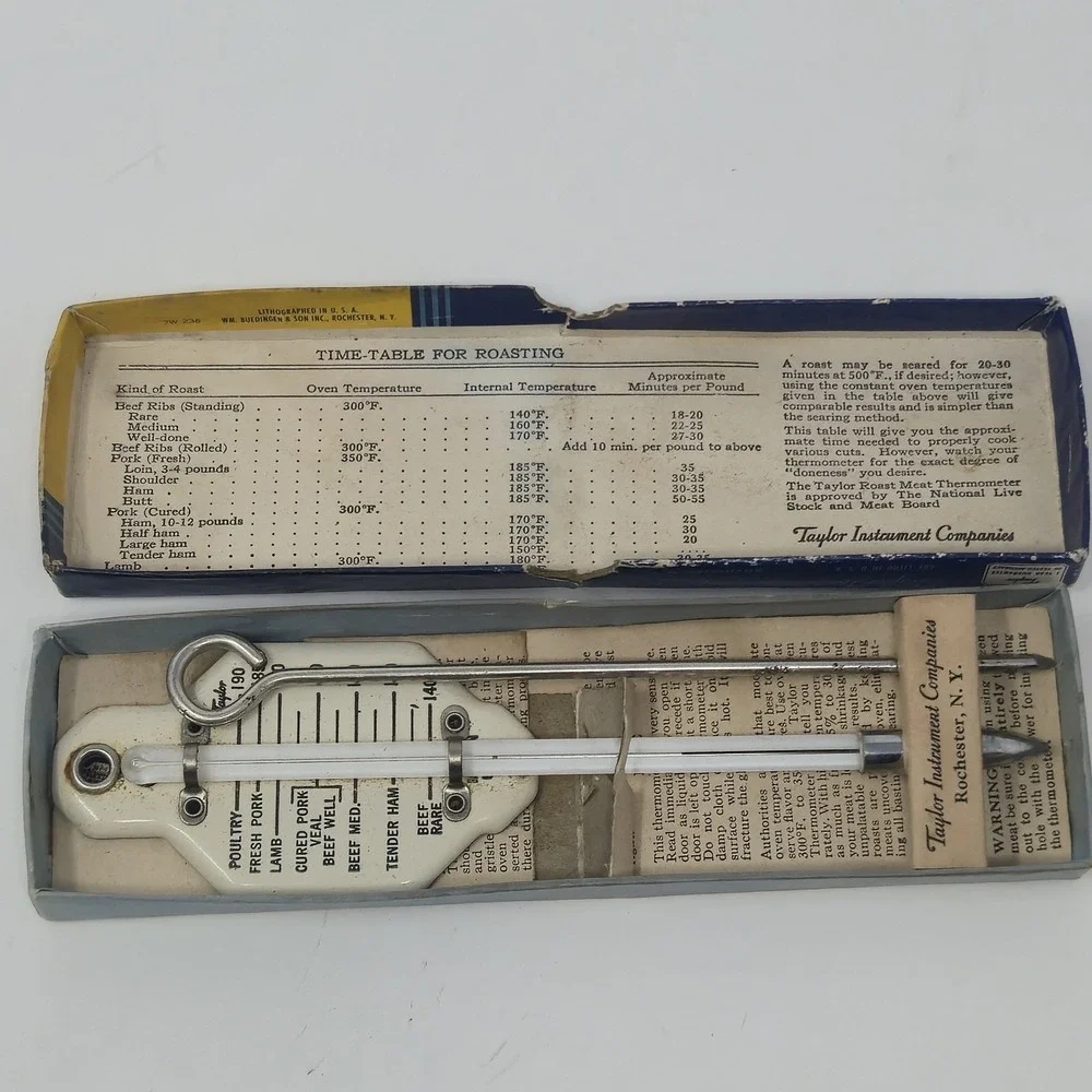 Vintage Taylor Roast Meat Thermometer And Skewer in Original Box